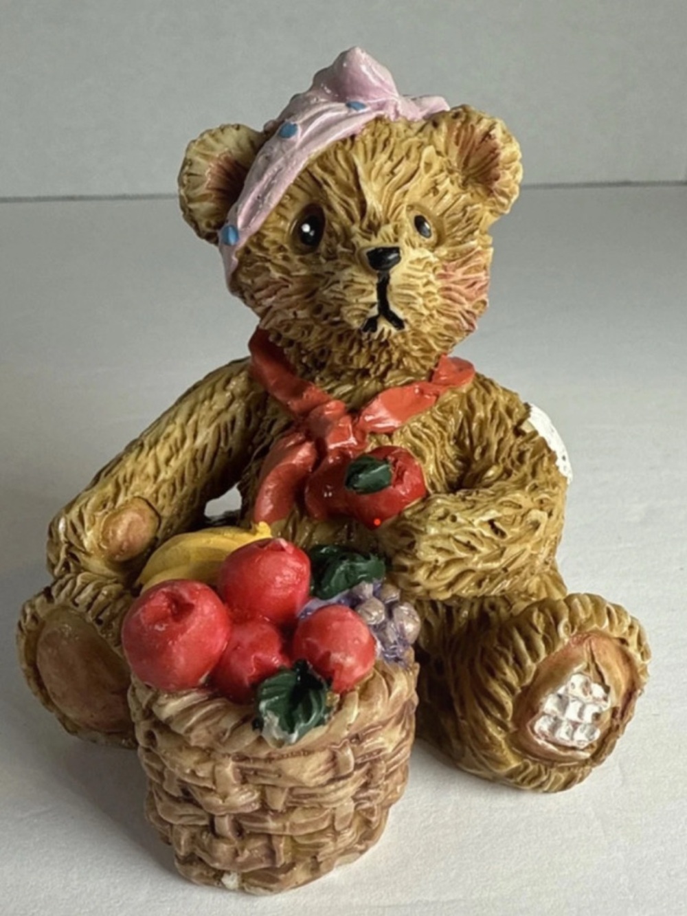 Vintage 1996 Artmark Resin Teddy Bear Figurine Harvest Bonnet Fruit
Basket